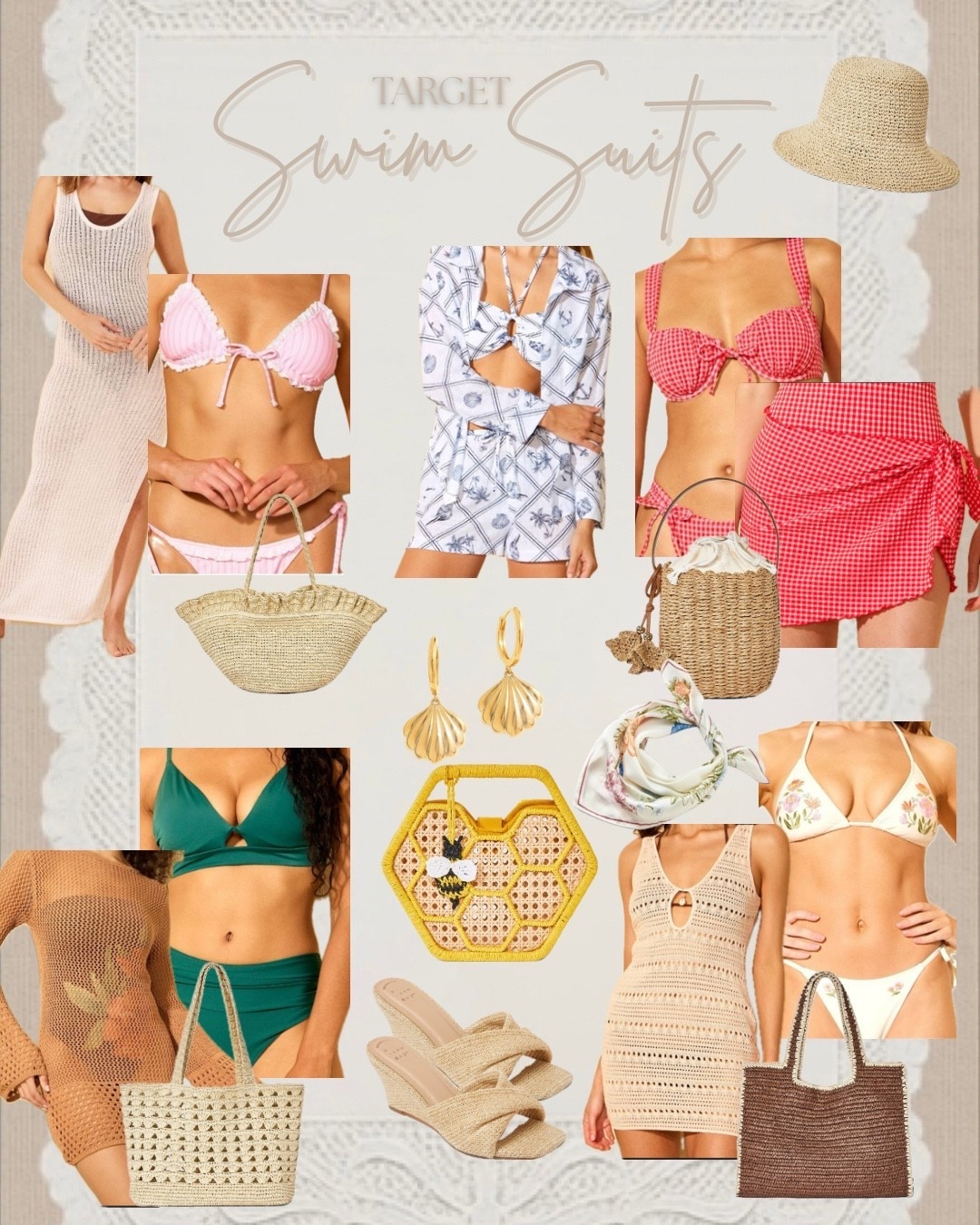 Make a splash this season with these Target swim favorites! 🌊 Whether you're lounging poolside or heading to the coast, these pieces bring all the coastal-chic vibes without the designer price tag.
From textured crochet cover-ups and whimsical shell gold earrings to the perfect gingham bikini, these looks are designed for endless summer days. Don't forget the straw accessories—that honeycomb bee bag is a total conversation starter! 🐝✨

#LTKSeasonal #LTKSpringSale #LTKSwim