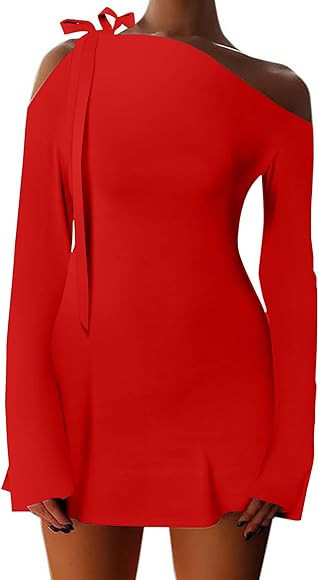 HYPERFIRE Women's Shoulder Tie Long Sleeve Asymmetrical Dress Boat Neck Mini Cocktail Dresses | Amazon (US)