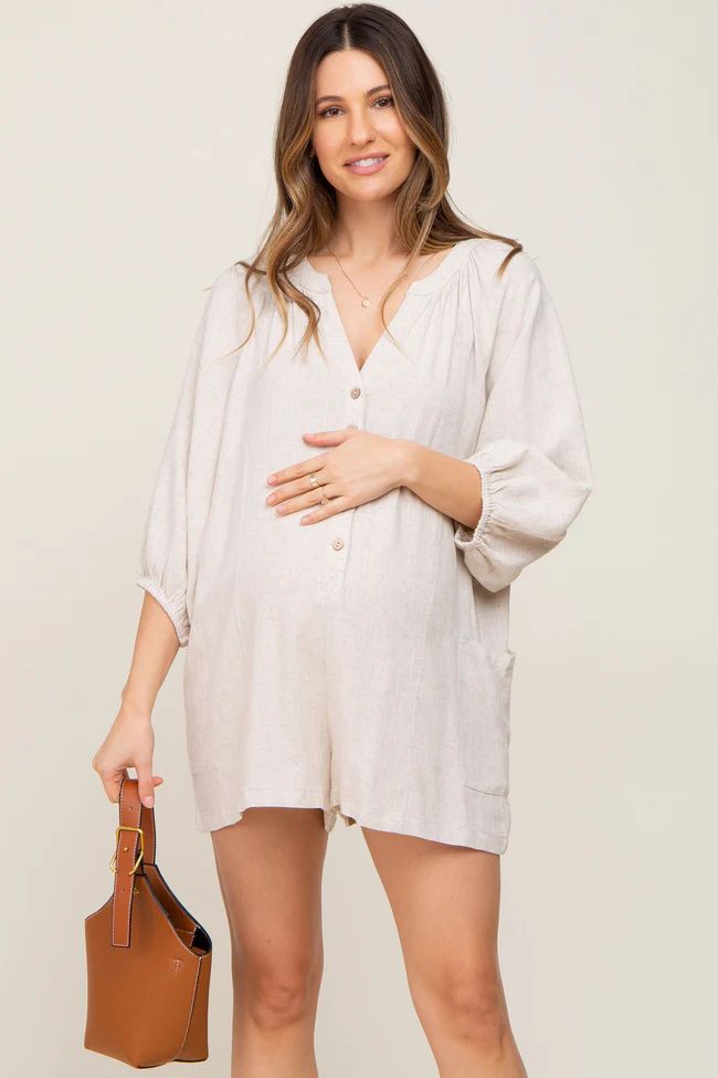 Beige Linen Button Front Maternity Romper | PinkBlush Maternity