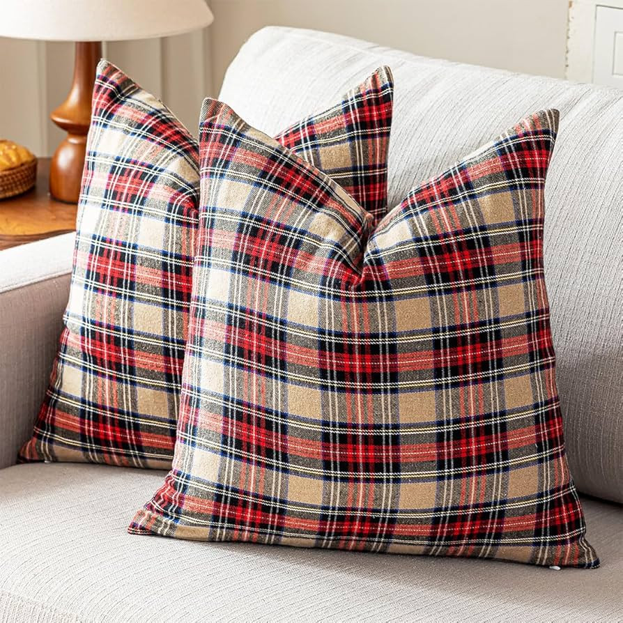 Vintage Christmas Decor Brown Tartan Plaid Pillow Covers 18x18 Set of 2, Cottage Primitive Christ... | Amazon (US)
