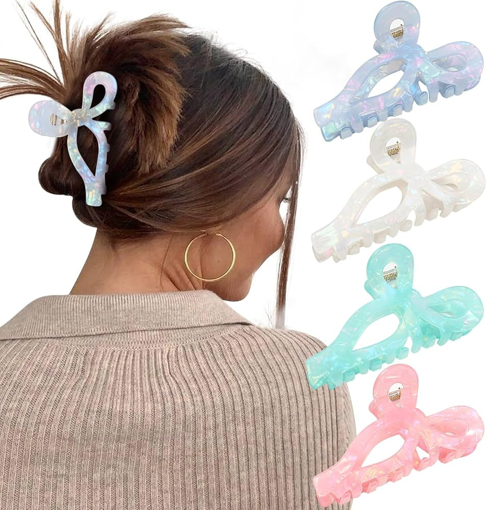 Bow Claw Clips for Women & Girls, 4Pcs Acrylic Large Hair Clips - Strong Hold Non-Slip Grip for T... | Amazon (US)