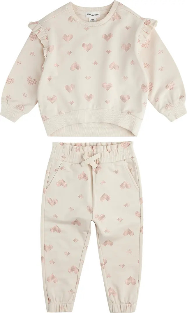 MILES BABY Heart Print Ruffle French Terry Sweatshirt & Joggers Set | Nordstrom | Nordstrom