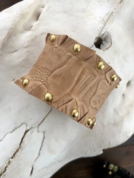 Tan and gold Genuine Leather Boho western style handmade cuff | Etsy (US)