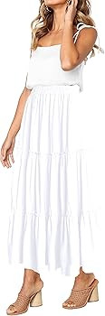 Afibi Womens High Waist A Line Ruffle Swing Long Maxi Skirt with Pockets | Amazon (US)