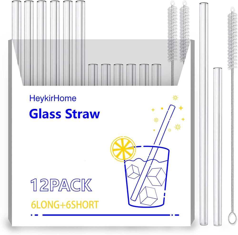 HeykirHome 12-Pack Reusable Glass Straws,6 Pack 8''x10 MM+ 6 Pack 5”x10 MM with 2 Cleaning Brus... | Amazon (US)