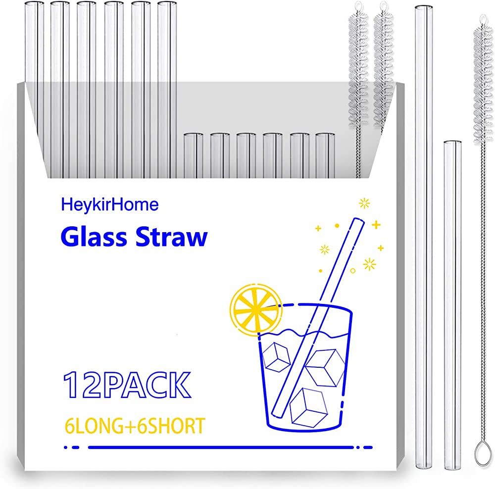HeykirHome 12-Pack Reusable Glass Straws,6 Pack 8''x10 MM+ 6 Pack 5”x10 MM with 2 Cleaning Brus... | Amazon (US)