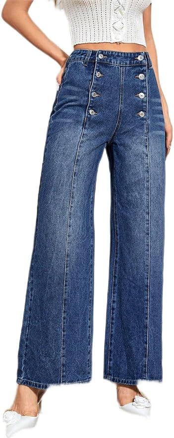 HOBKEY Women's Jeans Jeans High Waist Button Front Flare Leg Jeans Women's Jeans | Amazon (US)