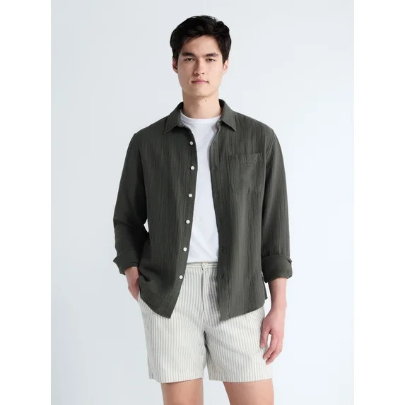 Free Assembly Men's Button Front Double Cloth Shirt with Long Sleeves, Sizes XS-3XL | Walmart (US)