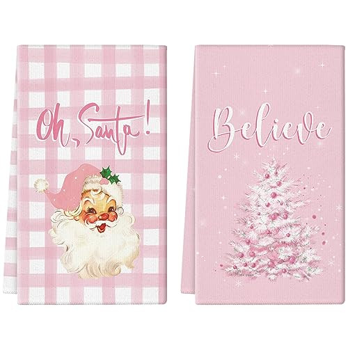 Christmas Kitchen Towels Pink Buffalo Plaid Santa Tree 18x26 Inch Set of 2 Dish Towels Hand Towels Kitchen Bathroom Seasonal Home Decoration | Amazon (US)