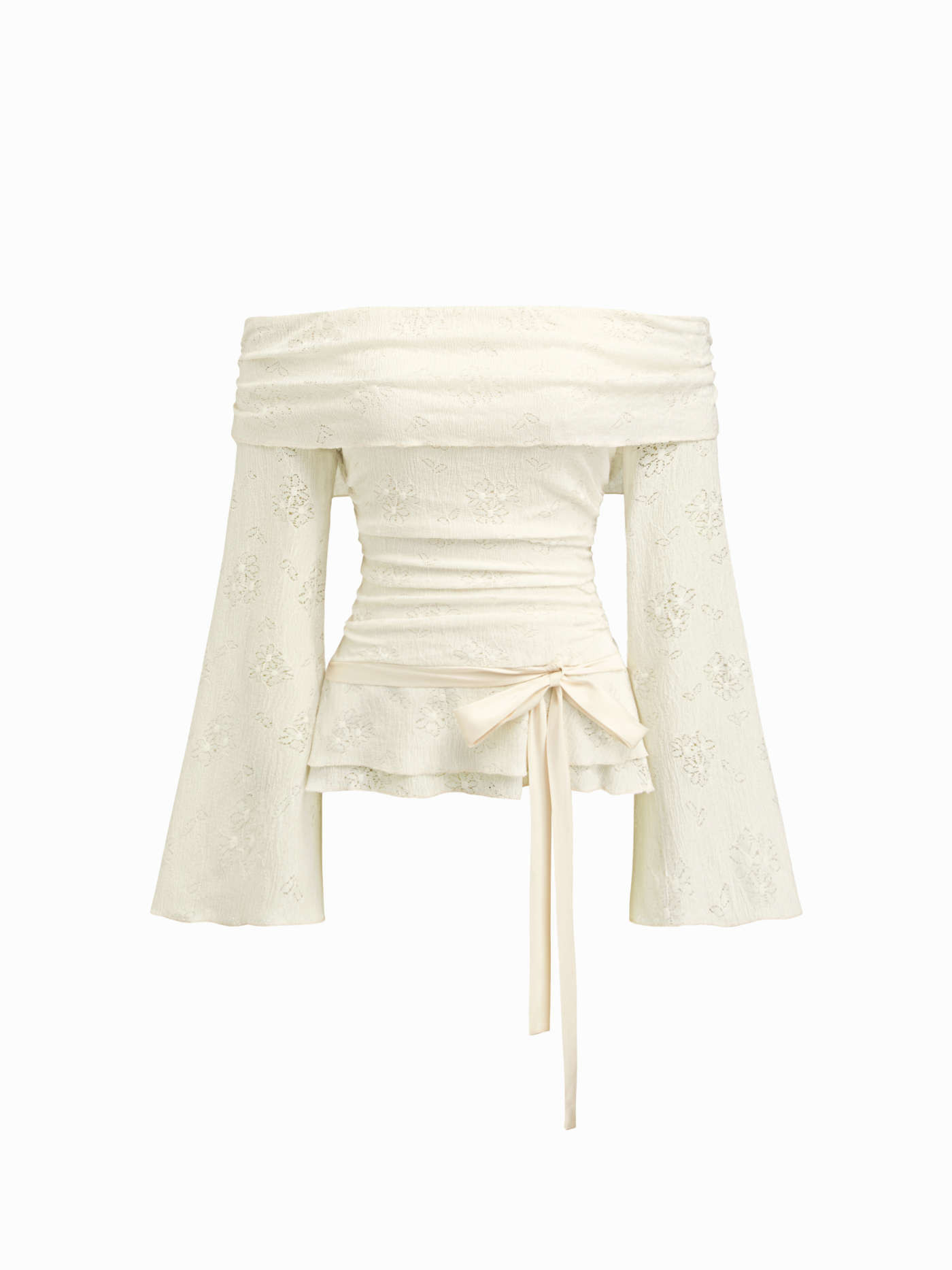 Lace Off-shoulder Floral Knotted Ruched Long Sleeve Top | Cider