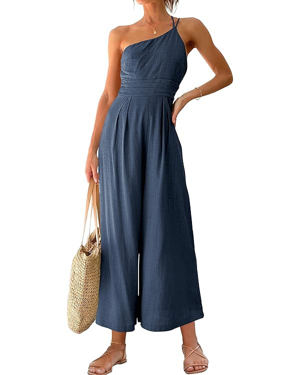ANRABESS Women's Summer Straps One Shoulder High Waist Casual Wide Leg Linen Jumpsuit Romper with... | Amazon (US)