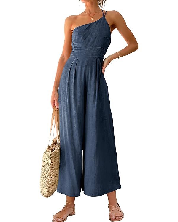 ANRABESS Women's Summer Straps One Shoulder High Waist Casual Wide Leg Linen Jumpsuit Romper with... | Amazon (US)