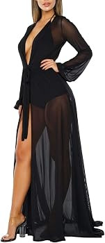 Pink Queen Women's Long Sleeve Flowy Maxi Swimsuit Tie Front Robe Cover Up Kimono Cardigan Beach ... | Amazon (US)