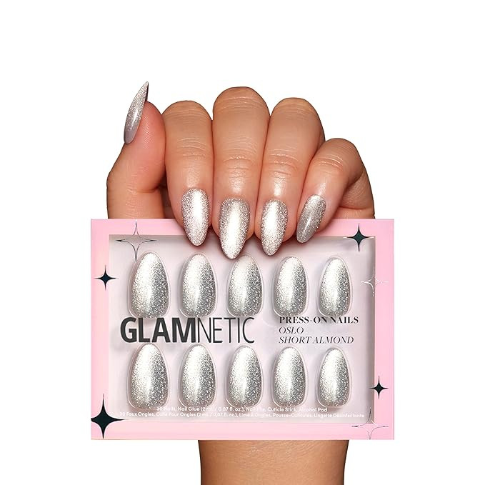 Glamnetic Press On Nails - Oslo | Short Almond Silver Shimmer Nails with a Cat Eye Finish | 15 Si... | Amazon (US)