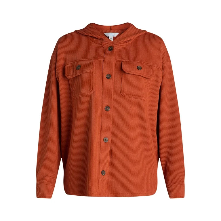 Time and Tru Women's Rib Hooded Shacket, Sizes S-XXXL - Walmart.com | Walmart (US)