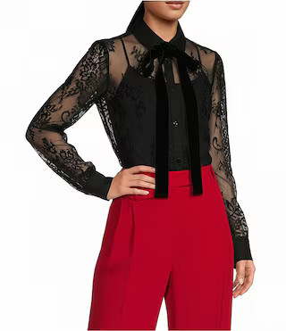 Poplin Point Collar Bow Tie Neck Sheer Illusion Lace Long Sleeve Button Front Shirttail Blouse | Dillard's