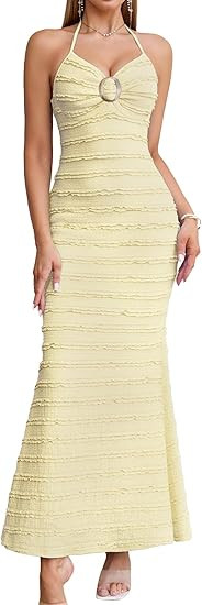 HTZMO Women Elegant Summer Casual Bodycon Maxi Dress Sexy V Neck Halter Ruffle Wedding Guest Form... | Amazon (US)