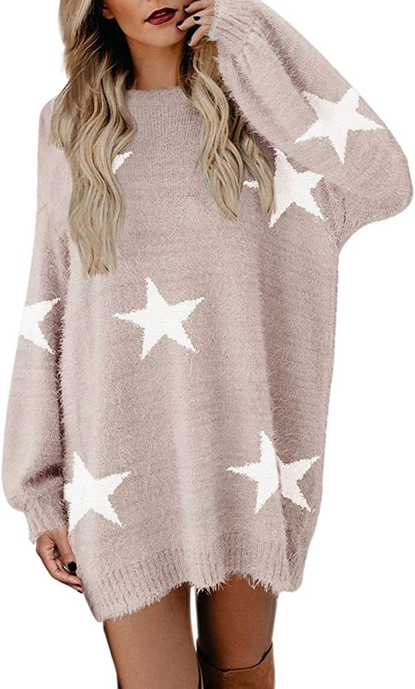 Cutiefox Women's Furry Oversized Crew Neck Pullover Sweater Mini Dress | Amazon (US)