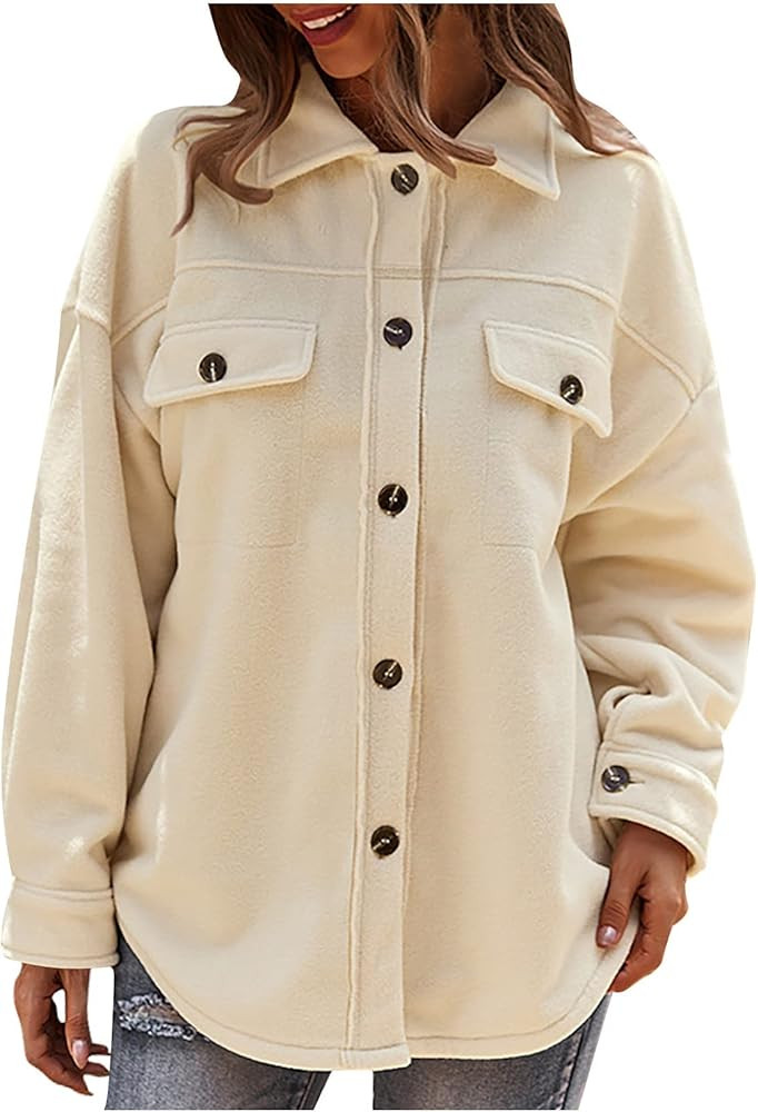 Womens Tops Button Down Shackets Casual Solid Color Long Sleeve Shirt Jackets | Amazon (US)