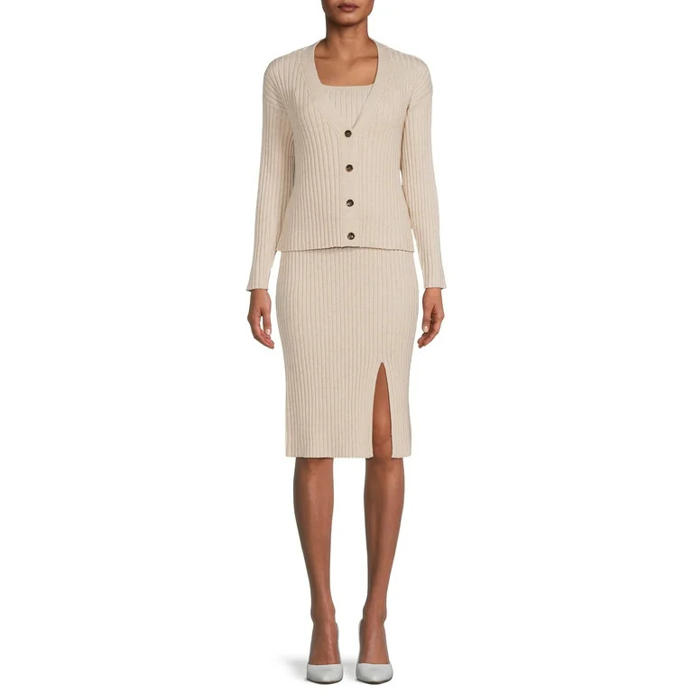 Time and Tru Women's Rib Knit Cardigan, Skirt and Cami Set, 3-Piece | Walmart (US)