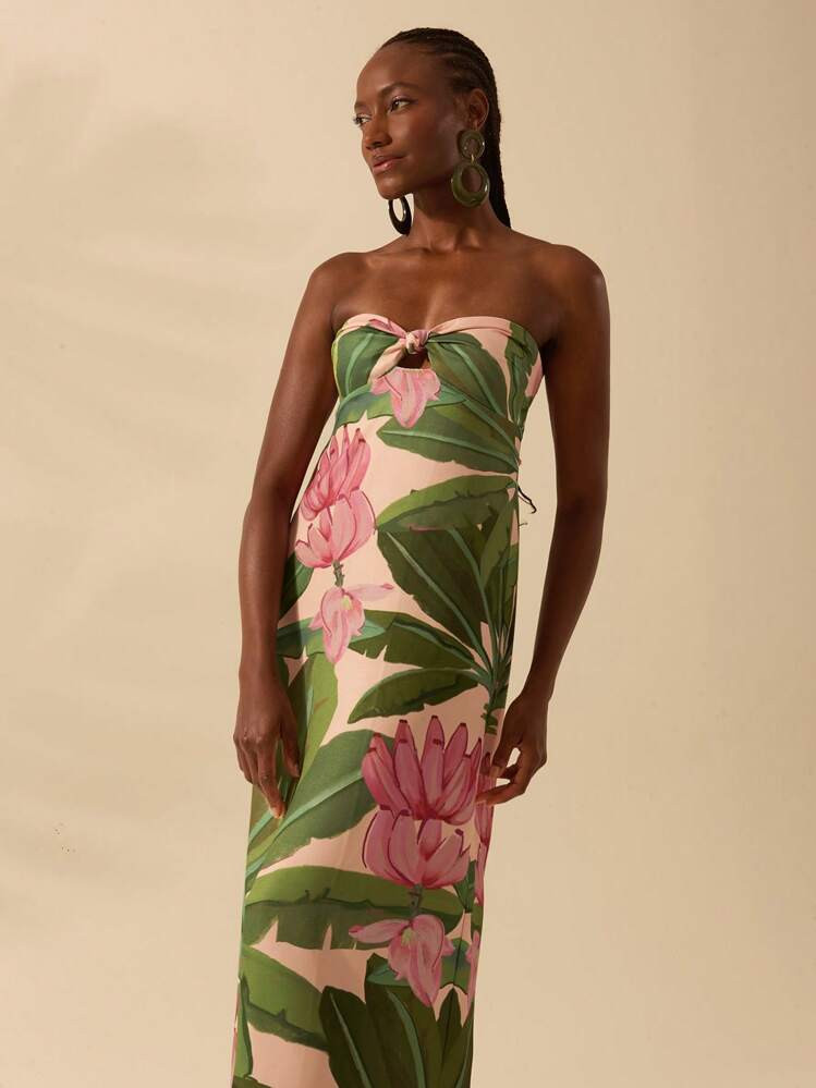 CAJUNI Women's Boho Tropical Coconut Tree Color-Block Print Twist Back Lace-Up Sleeveless Dress, Casual Summer Beach Dress | SHEIN