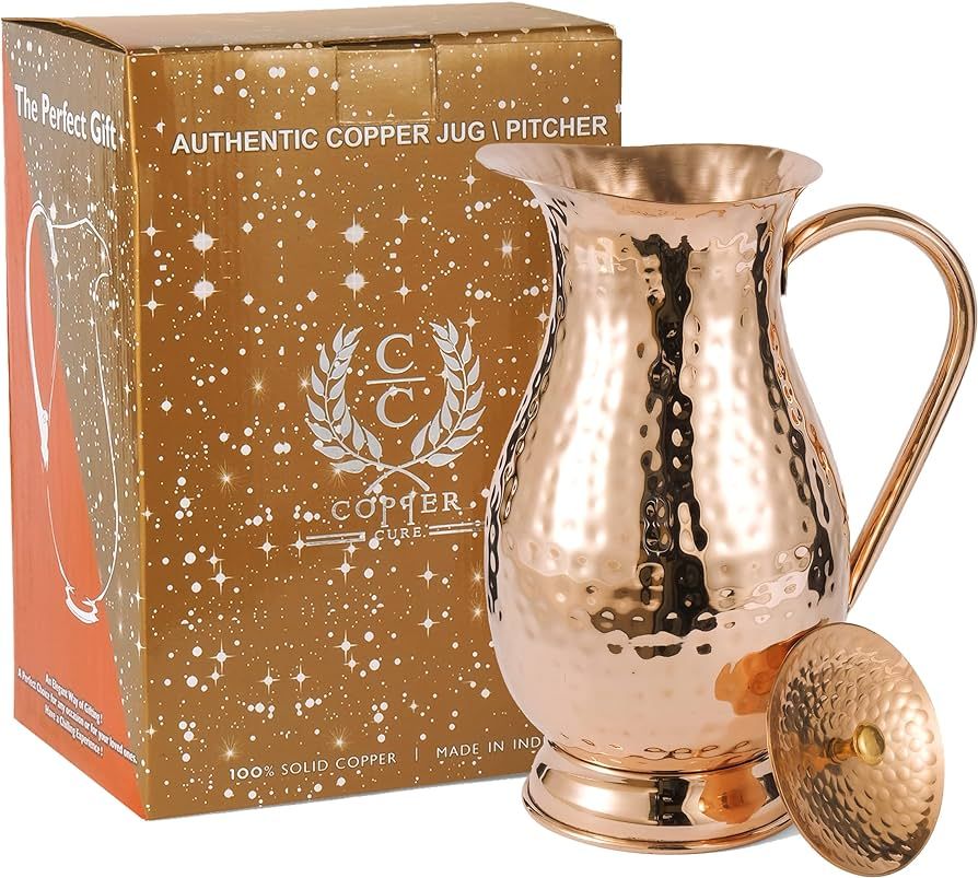 Copper Pitcher with a Lid - Pure Solid Copper Handcrafted Hammered Jug, Capacity 70 Oz , Pure Cop... | Amazon (US)