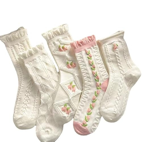 5 Pairs White Cute Socks, Women's Lace Ruffles Ankle Casual Sock, Cottagecore Breathable Mid Tube... | Amazon (US)