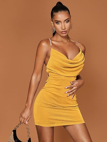 PAAPLE Dresses for Women - Draped Collar Rhinestone Chain Strap O-Ring Backless Cami Dress (Color... | Amazon (US)