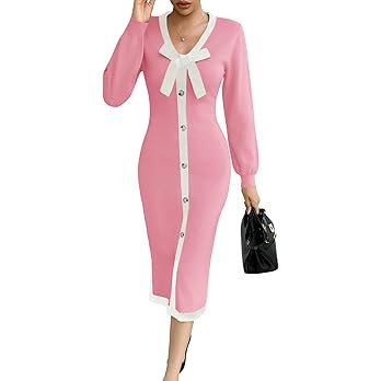 Wenrine Womens V Neck Sweater Dress Fall Long Sleeve Button Knit Bodycon Color Block Bow Tie Eleg... | Amazon (US)
