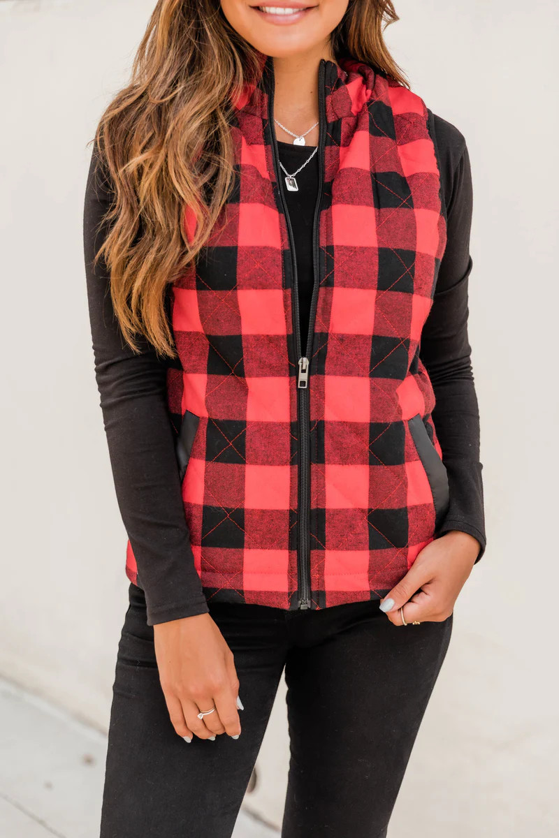 Let's Go Falling In Love Red Plaid Vest | The Pink Lily Boutique