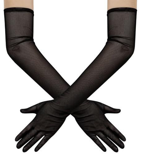 Hazhlko Women's Long Stretchy Mesh Tulle Sheer Gloves Costume Wedding Opera Halloween Party 1920's Dance Gloves Black | Amazon (US)