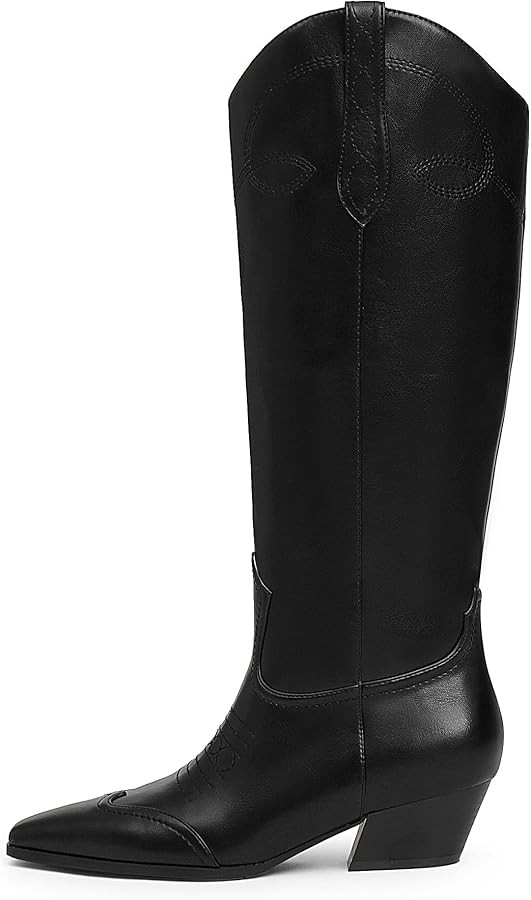 Cowgirl Boots for Women Square Toe Western Cowboy Boots Knee High Chunky Heel Pull On Tall Boots | Amazon (US)