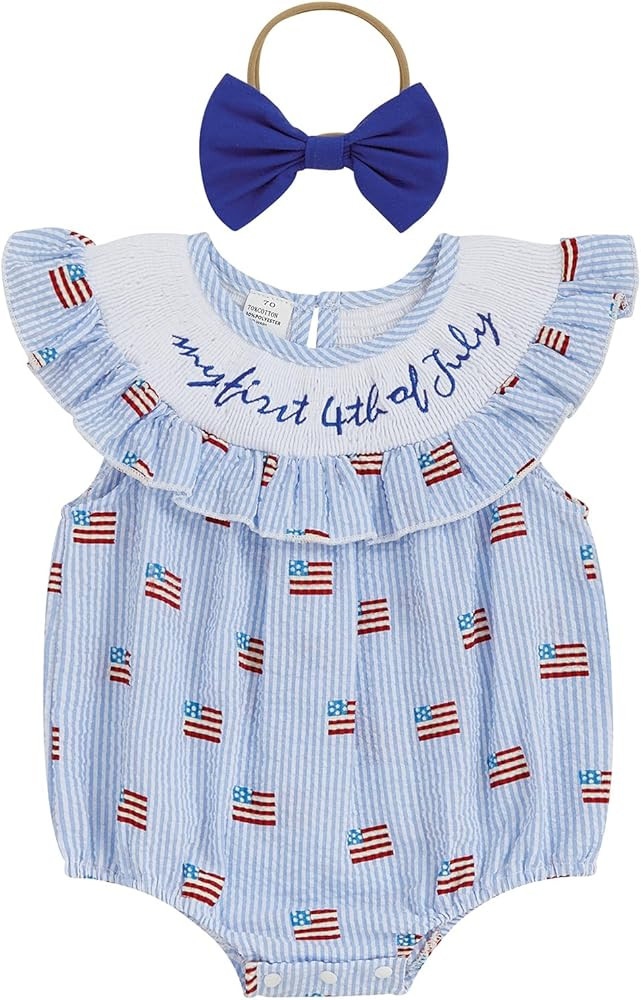 my first 4th Fourth of july baby girl outfits newborn American flag onesie usa bubble romper smoc... | Amazon (US)