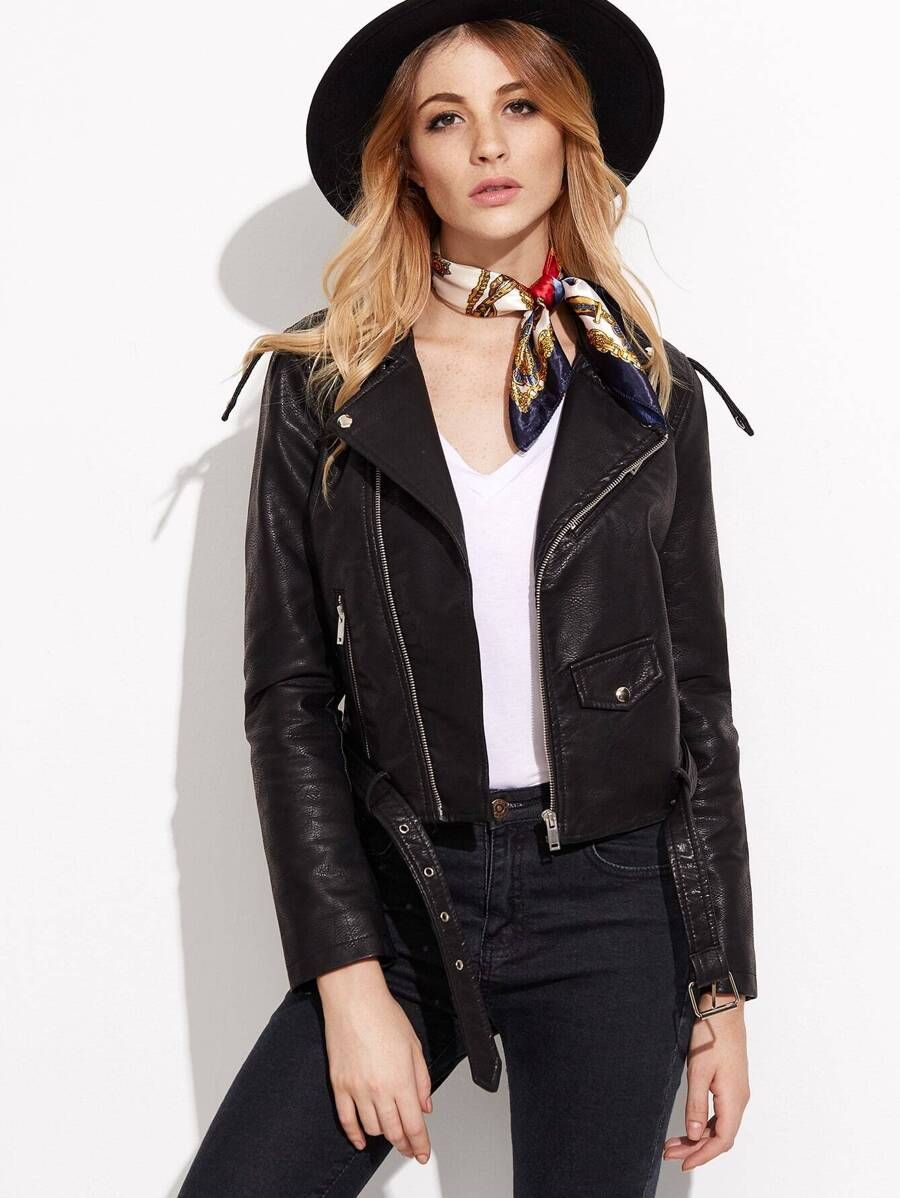 Faux Leather Moto Jacket With Buckle Belt | SHEIN