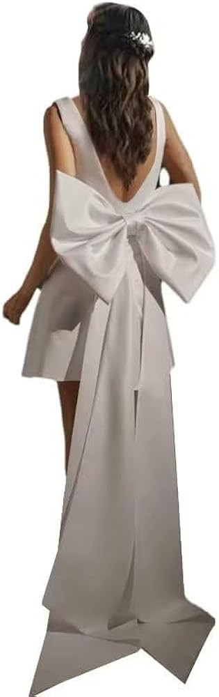 Women's Big Bowknot Short Wedding Dress for Bride 2023 Deep V Neck Boho Wedding Dress Satin Brida... | Amazon (US)