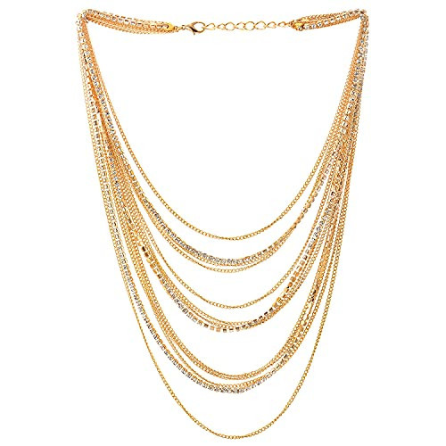 COOLSTEELANDBEYOND Gold Tone Rhinestone Multi-Strand Layered Chain Necklace for Women, Draped Cascade Statement Party Jewelry | Amazon (US)