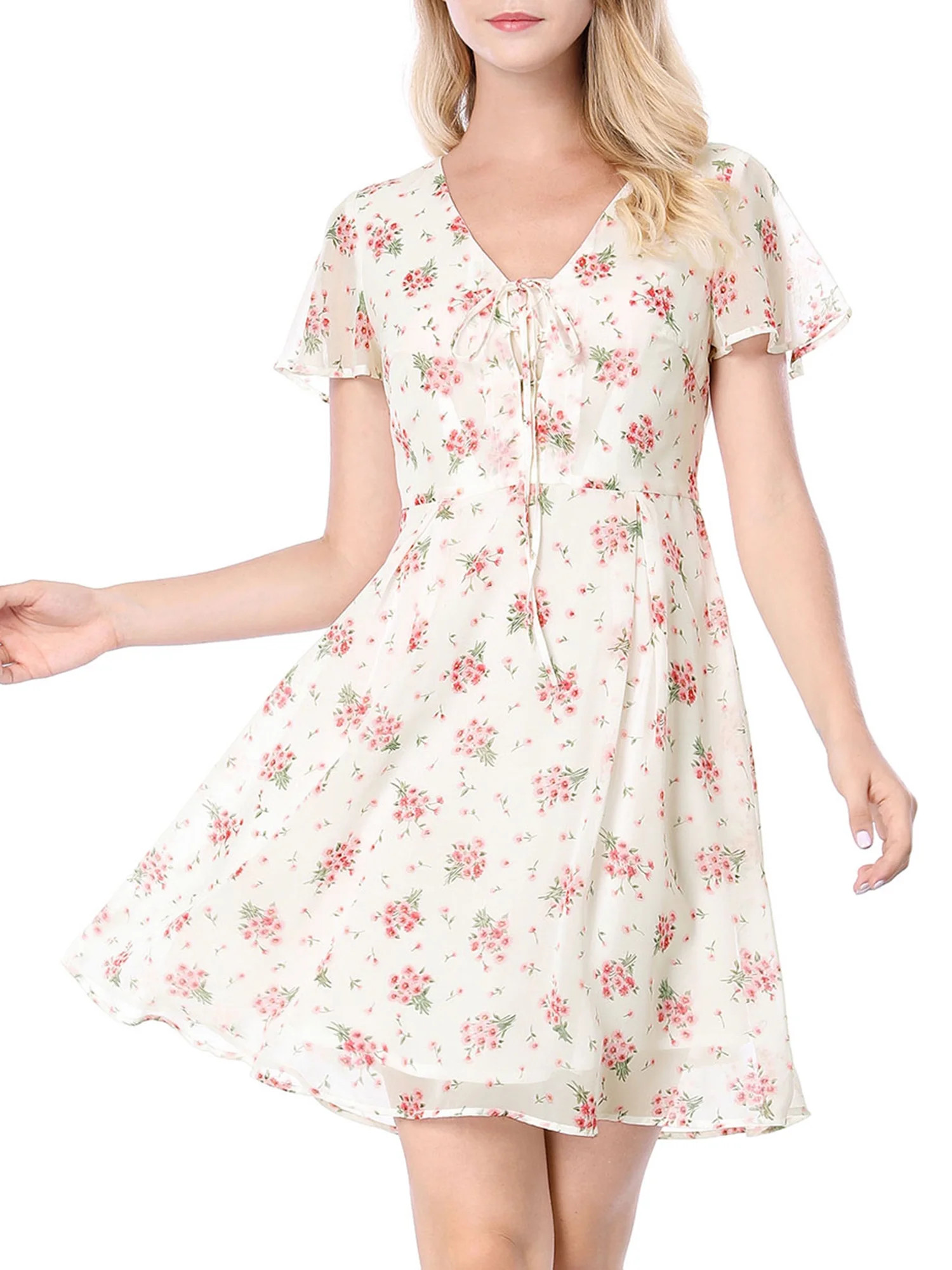 Allegra K Women's Floral Lace-up Chiffon Dress - Walmart.com | Walmart (US)