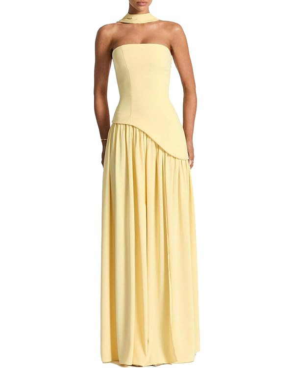 Women's Elegant Strapless Long Dress with Scarf Cocktail Wedding Guest Prom Maxi Dresses with Sli... | Amazon (US)