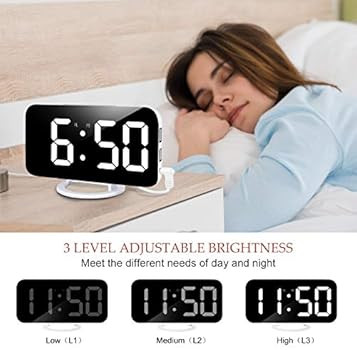 Digital Alarm Clock,Lamisola Large LED Mirror Display, 2 USB Charging Ports，Auto Dim Mode，Mod... | Amazon (US)
