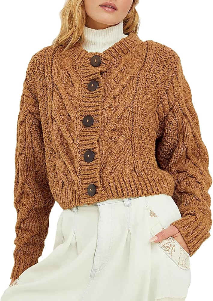 Y2K Floral Knit Crop Cardigan for Women Long Sleeves Botton Down V Neck Sweater Vintage Knitwear ... | Amazon (US)