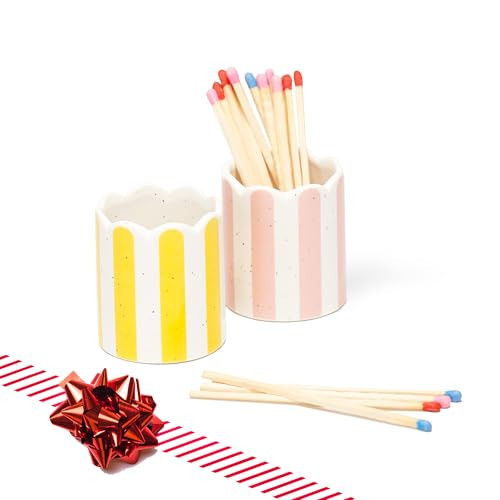 ZUHSAN 2 Pack Ceramic Match Holder with Striker – Scalloped Match Pot for Strike Anywhere Matches – Boho Decorative Matchstick Holder – Pink & Yellow – Candle Accessory (Matches Not Included) | Amazon (US)