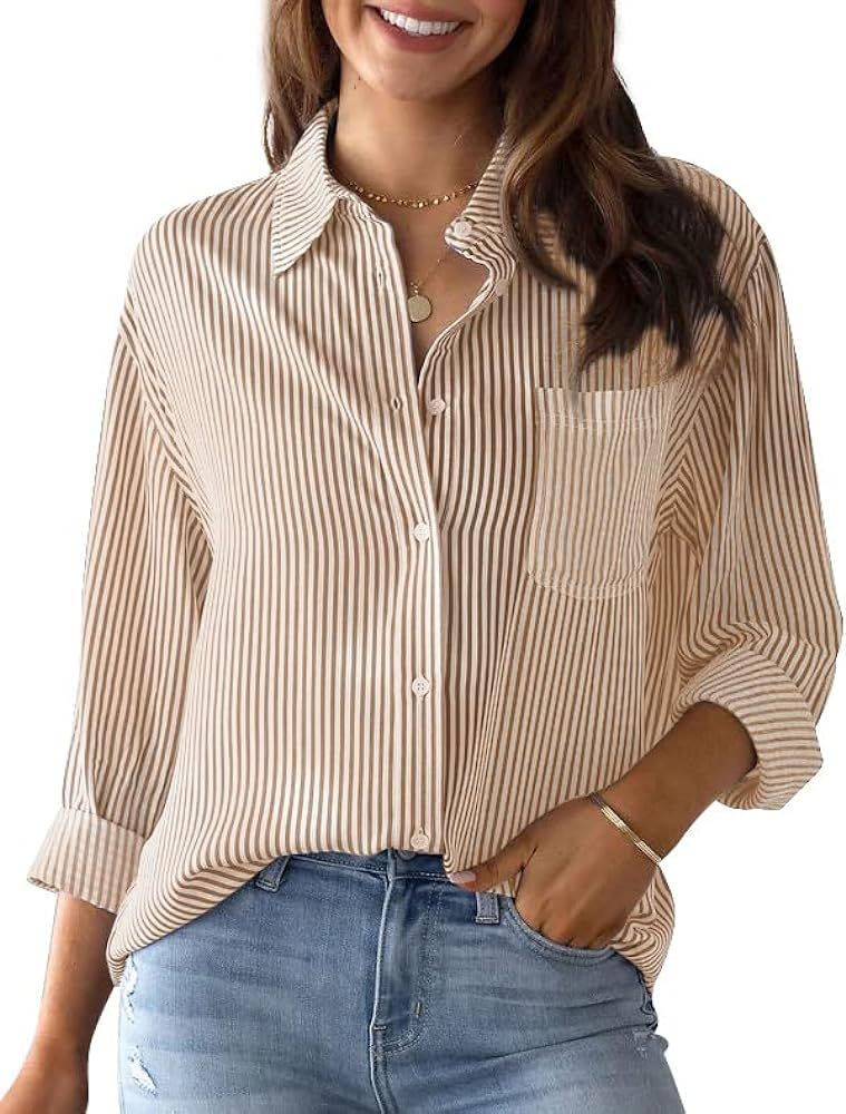 Women's Striped Button Down Shirts: Long Sleeve Office Casual Business Blouses with Pocket | Amazon (US)