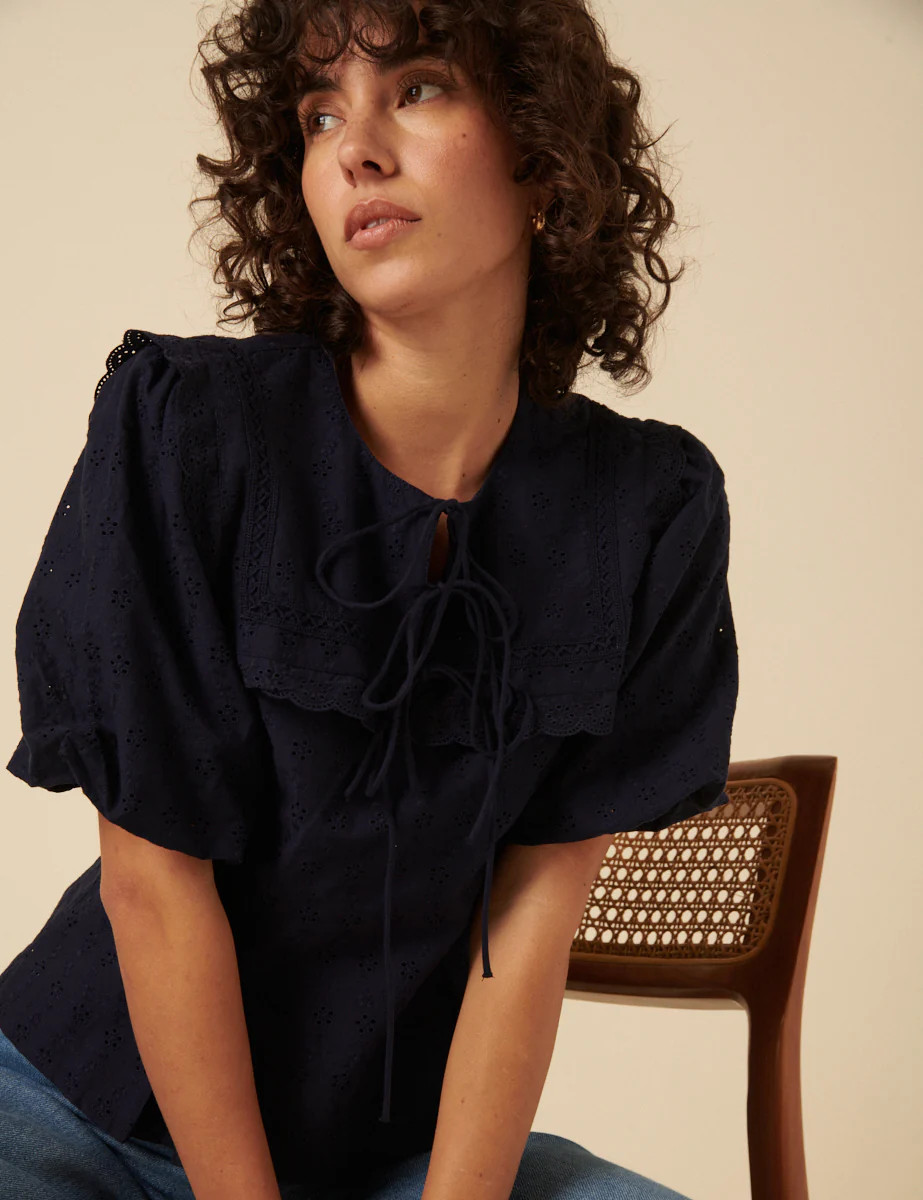 Navy Broderie Anglaise Collar Blouse | Nobody's Child