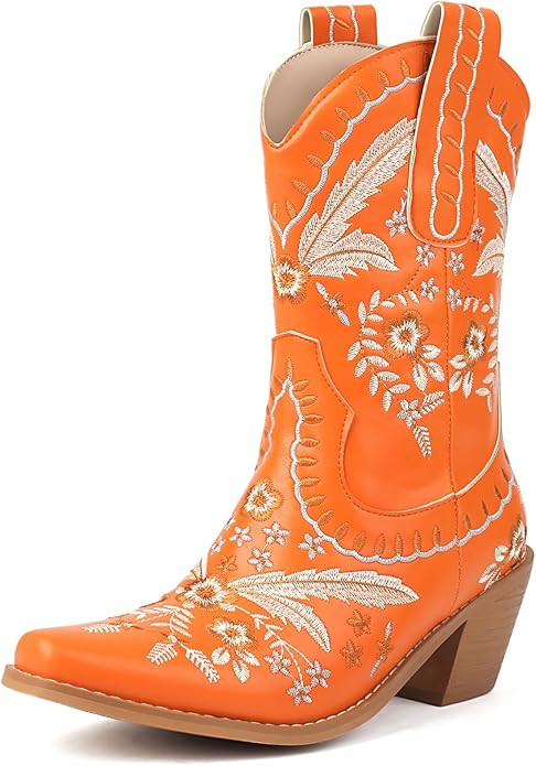 Womens Embroidered Cowgirl Boots Pull On Cowboy Boots for Women Floral Low Chunky Heel Western Bo... | Amazon (US)