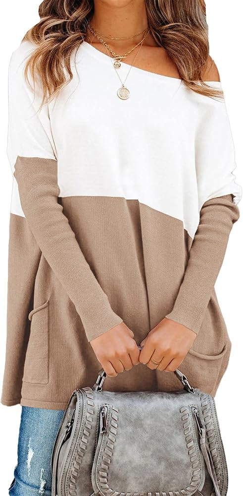 PRETTYGARDEN Women’s Causal Loose Sweater Color Block Knit Pullover Off Shoulder Comfy Jumper T... | Amazon (US)