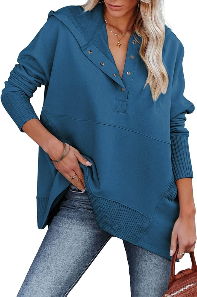Yanekop Womens Casual Henley Hoodies Oversized Fall Sweatshirt Hooded V Neck Button Pullover with... | Amazon (US)