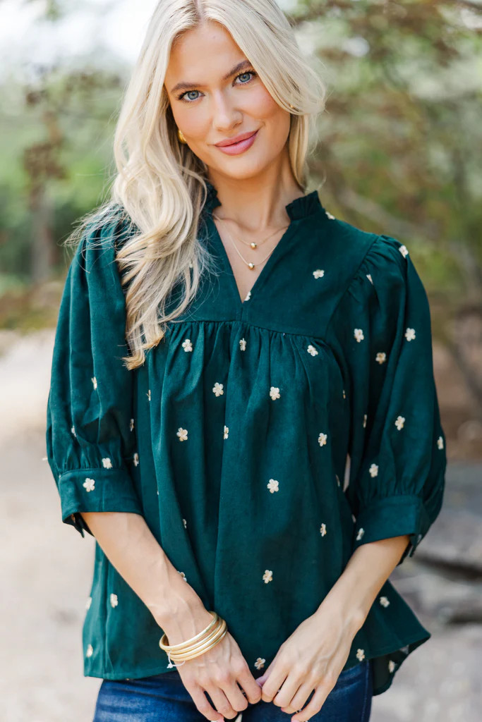 All About You Hunter Green Embroidered Blouse | The Mint Julep Boutique