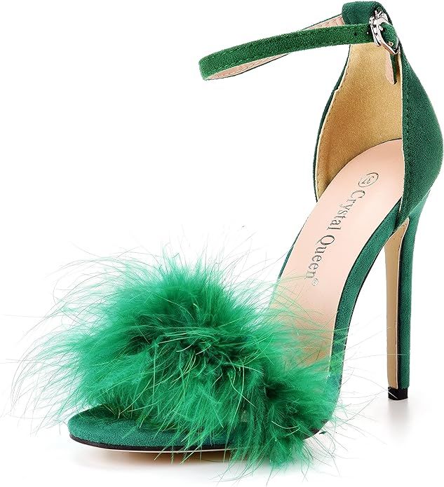 Size 12 Women's Open Toe Ankle Strap Fluffy Feather Stiletto Heels Sandals Dress Sandal Party Eve... | Amazon (US)