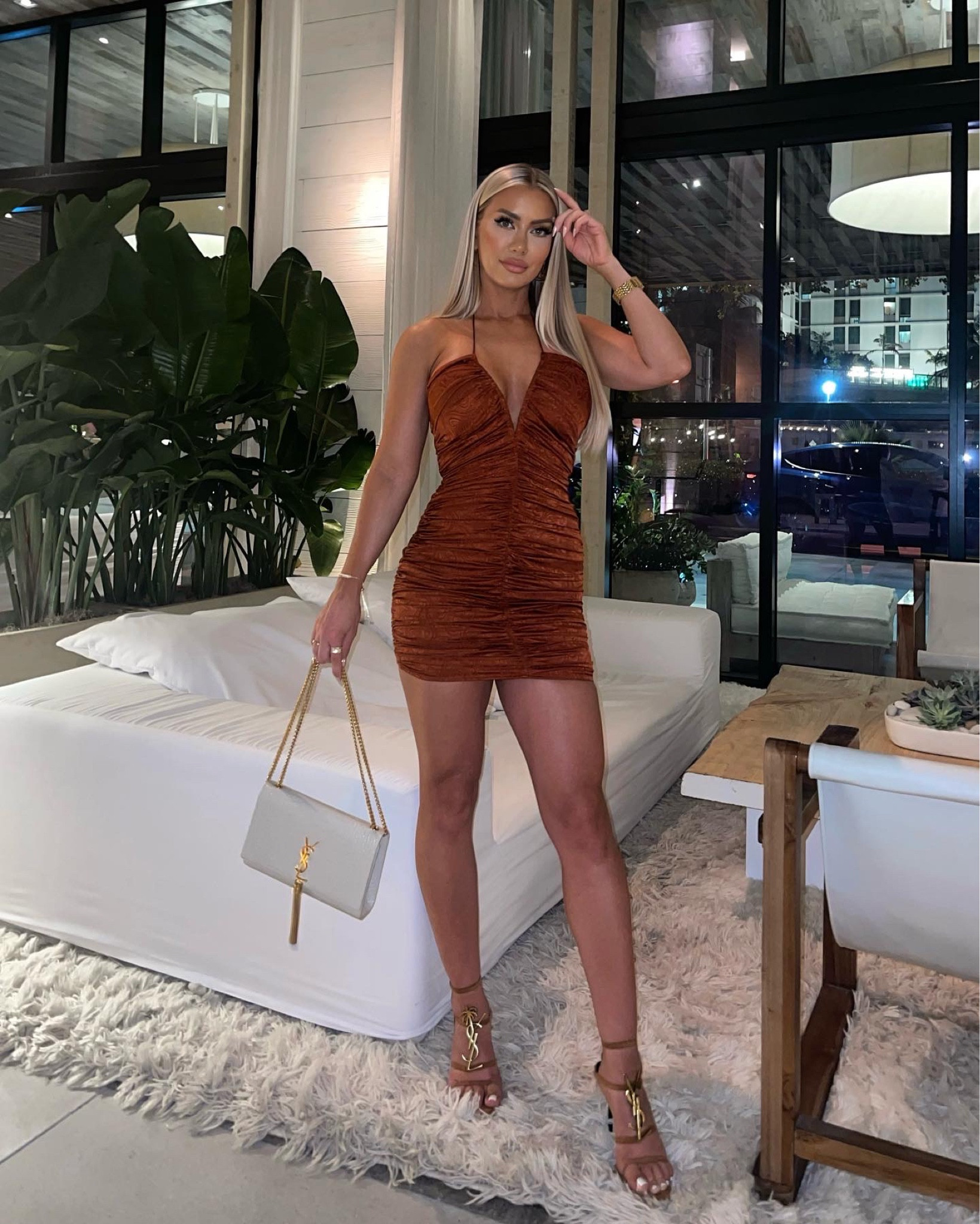 Ronny Kobo ruched silk mini dress with Saint Laurent bag and heels

#LTKitbag #LTKstyletip #LTKshoecrush