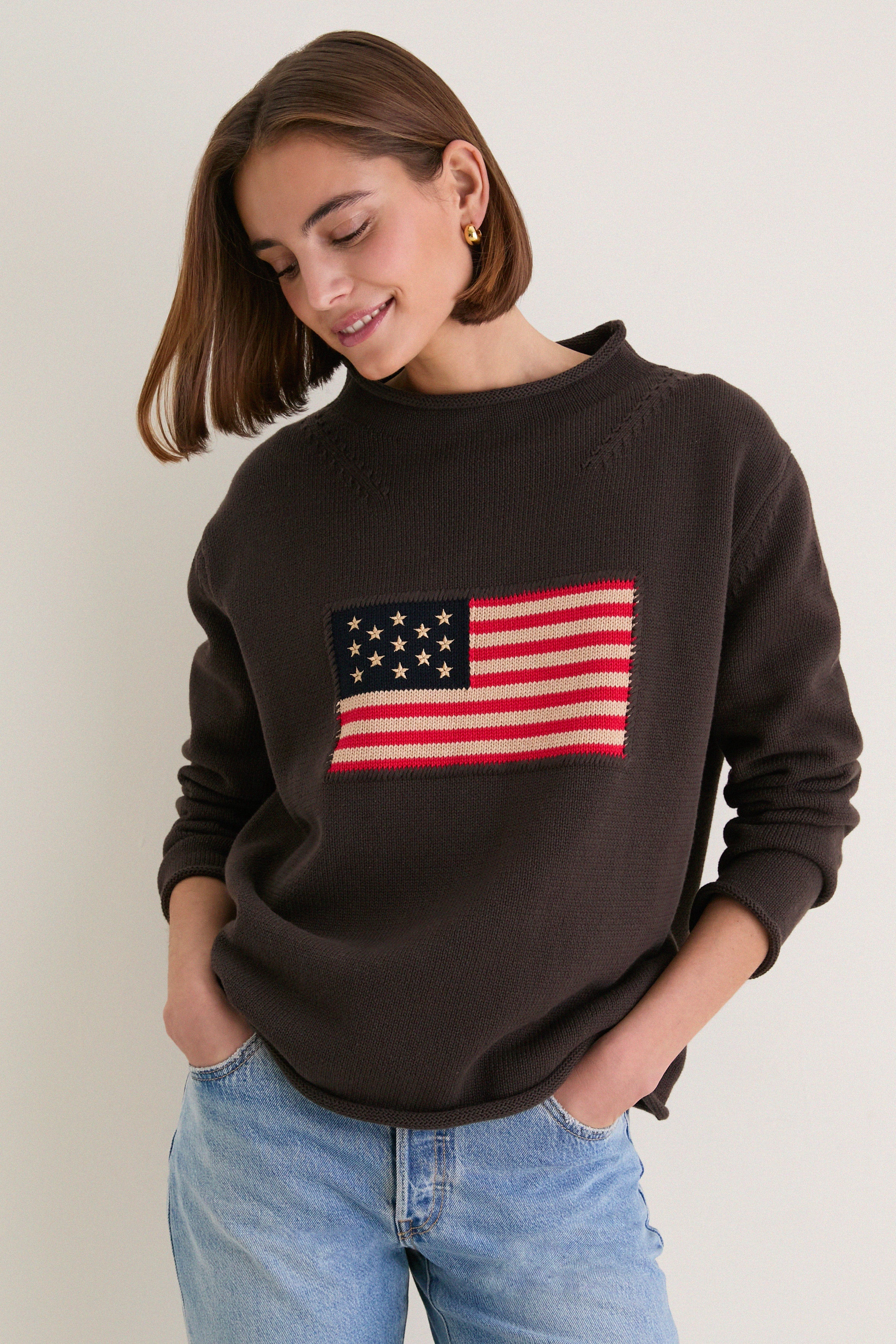 Dark Brown Cotton Roll Neck Americana Sweater | Tuckernuck (US)